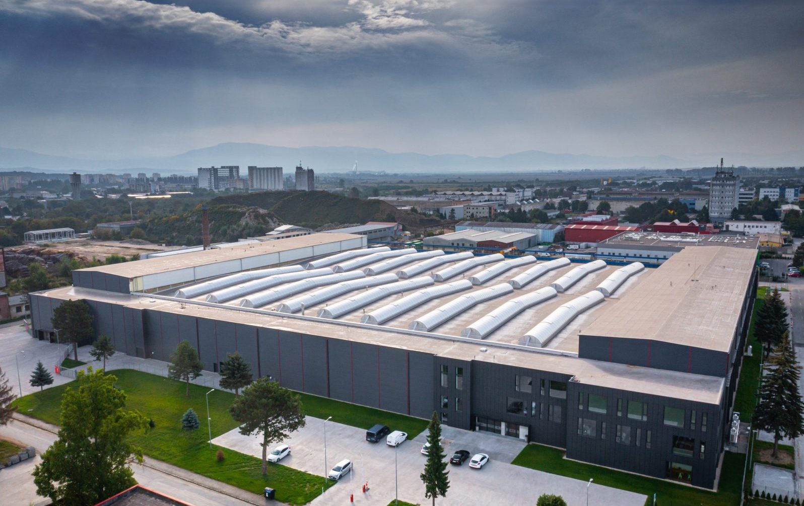 Close aerial of an integrated standing-seam solar roof