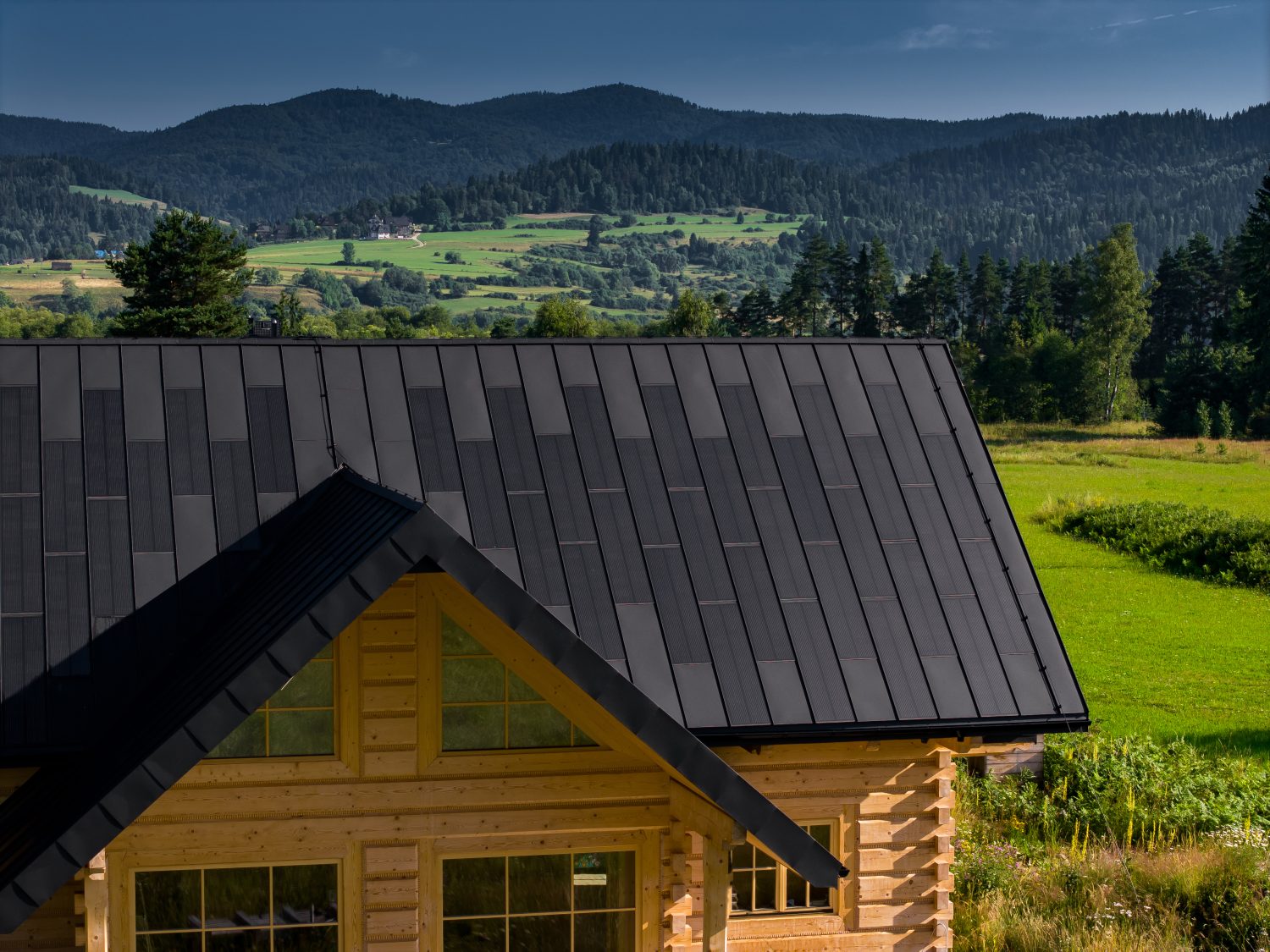 Integrated solar roof on a modern home
