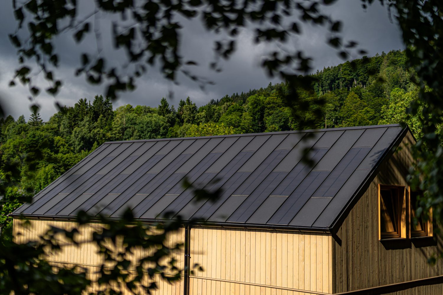 Ground view of an integrated solar roof home